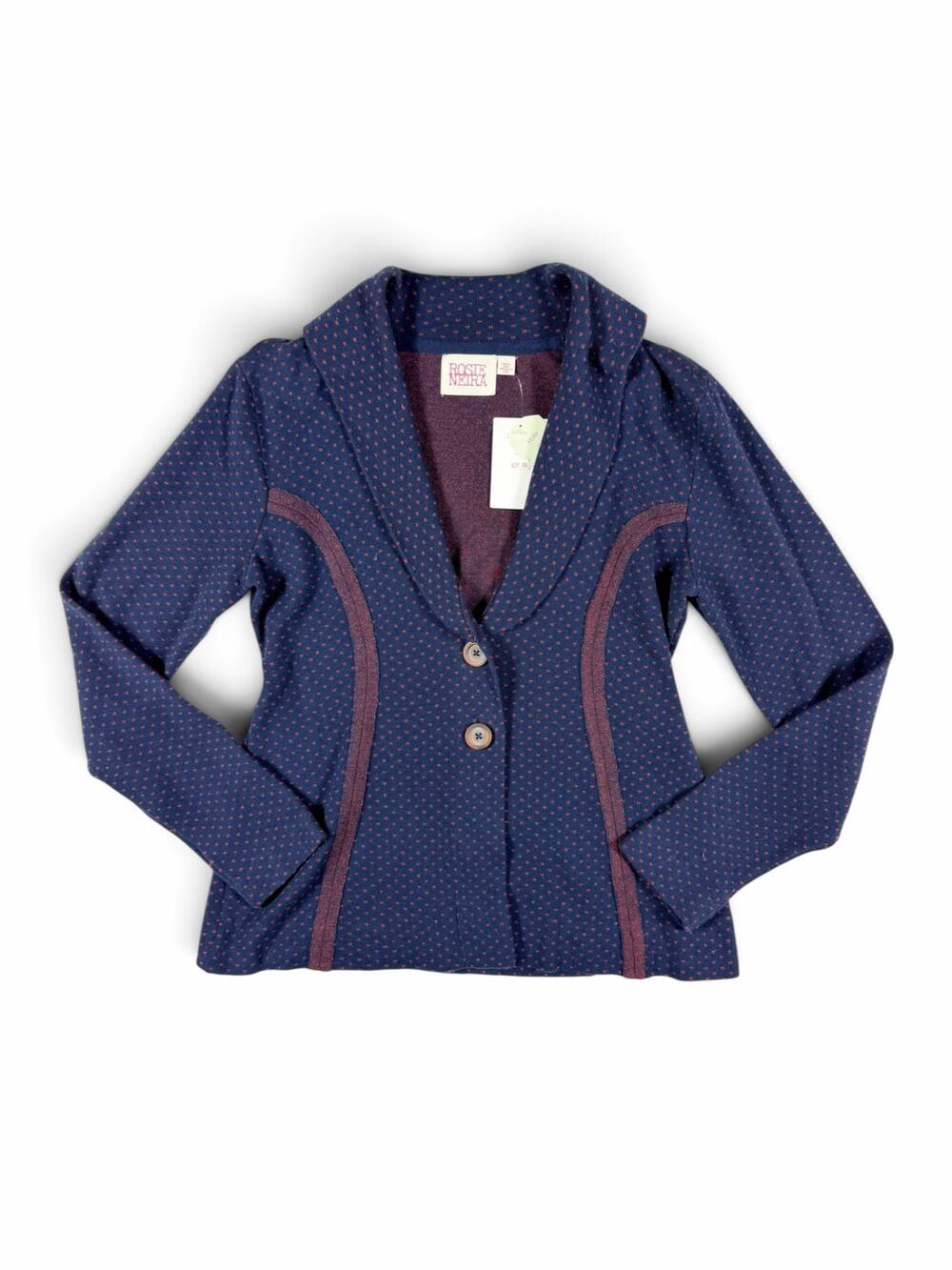 NEW Rosie Neira Anthropologie Polka Dot Knit Blazer Navy Burgundy Large
